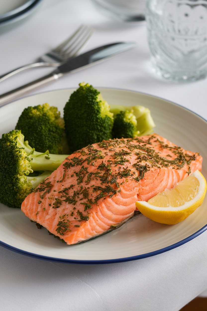Photo of an indoor dining plate with a cooked herb-crusted salmon fillet and a side of steamed broccoli. No raw fish, text, or logos.