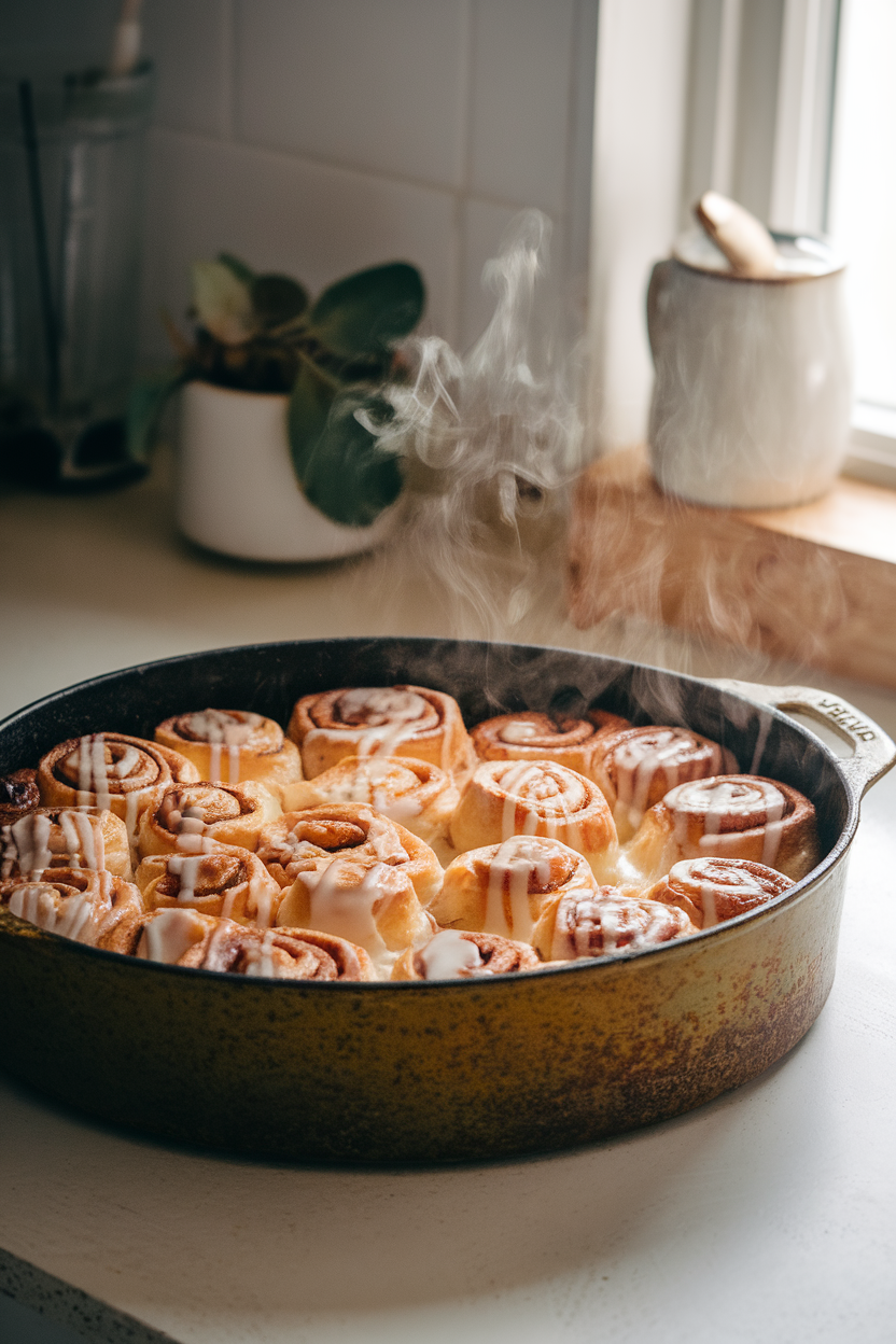 A photo of a rustic casserole dish on an indoor countertop, filled with gooey cinnamon roll pieces drizzled with vanilla glaze, steam still rising. No text or logos present.