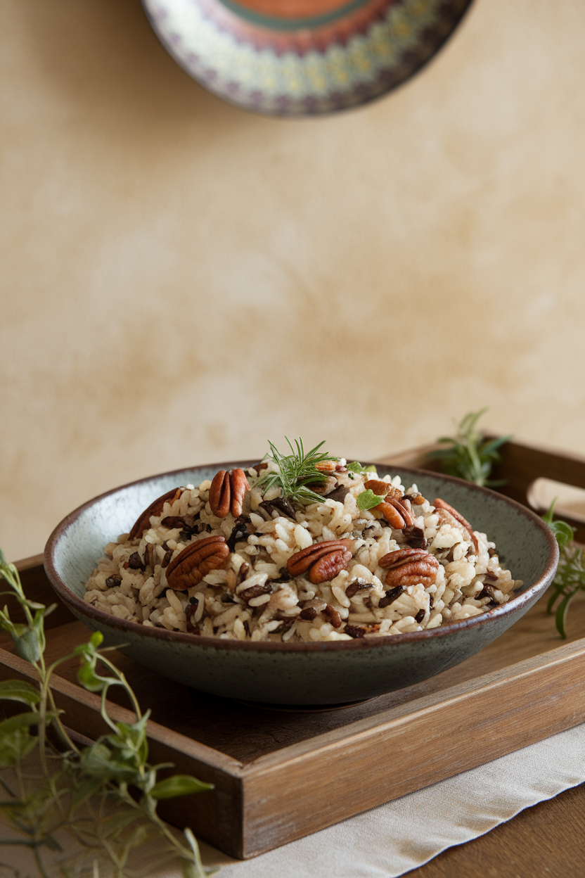Photo of a shallow bowl of wild rice pilaf studded with pecans and herbs on an indoor dining table. No text or logos.