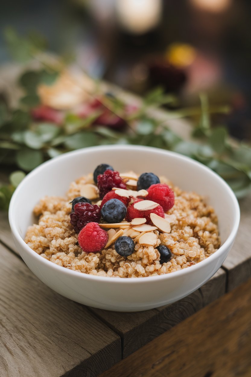 An indoor bowl containing warm quinoa topped with mixed berries, almond slivers, and a drizzle of honey. No logos or text.