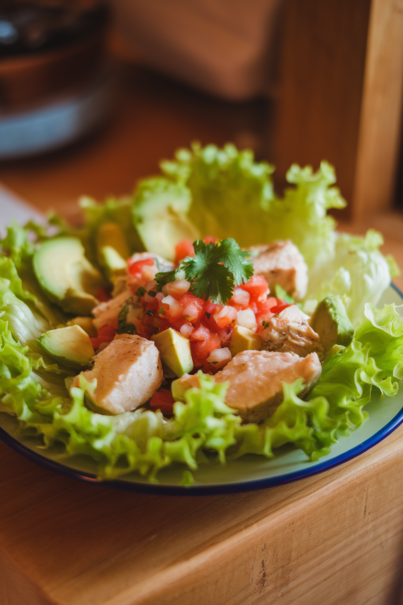 An indoor plate with butter-lettuce leaves cradling chunks of cooked white fish, avocado, pico de gallo, and cilantro. Warm lighting; no text or logos. Photo only.
