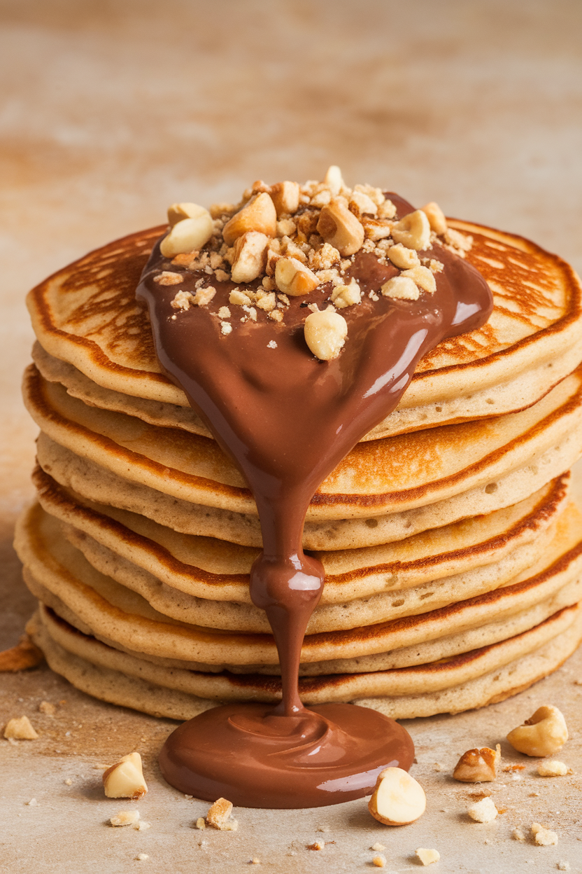 Indoor photo of pancakes oozing chocolate-hazelnut spread from the center, garnished with toasted hazelnut crumbs; no text or logos.