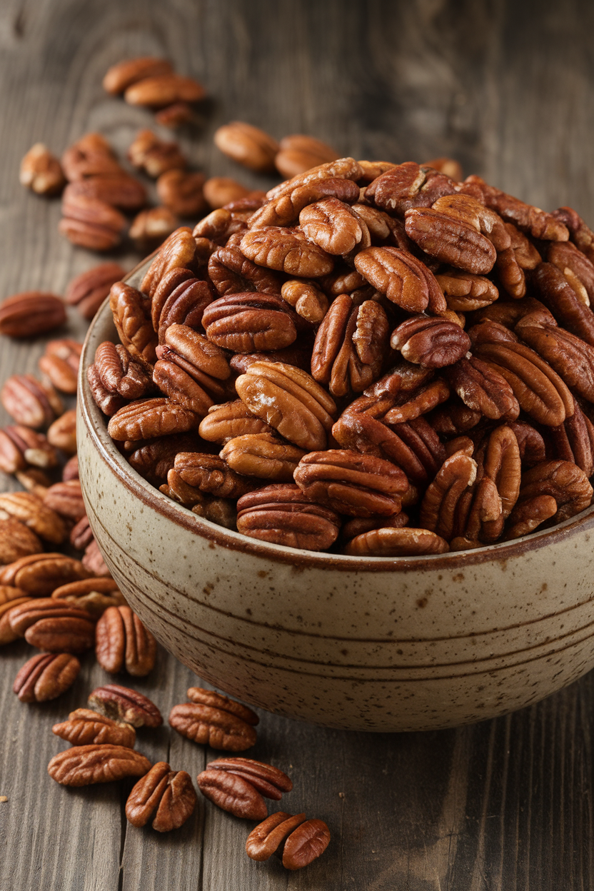 Indoor bowl brimming with glossy cinnamon sugar–coated pecans, a few loose on the table; no text or logos. Photo, not illustration.