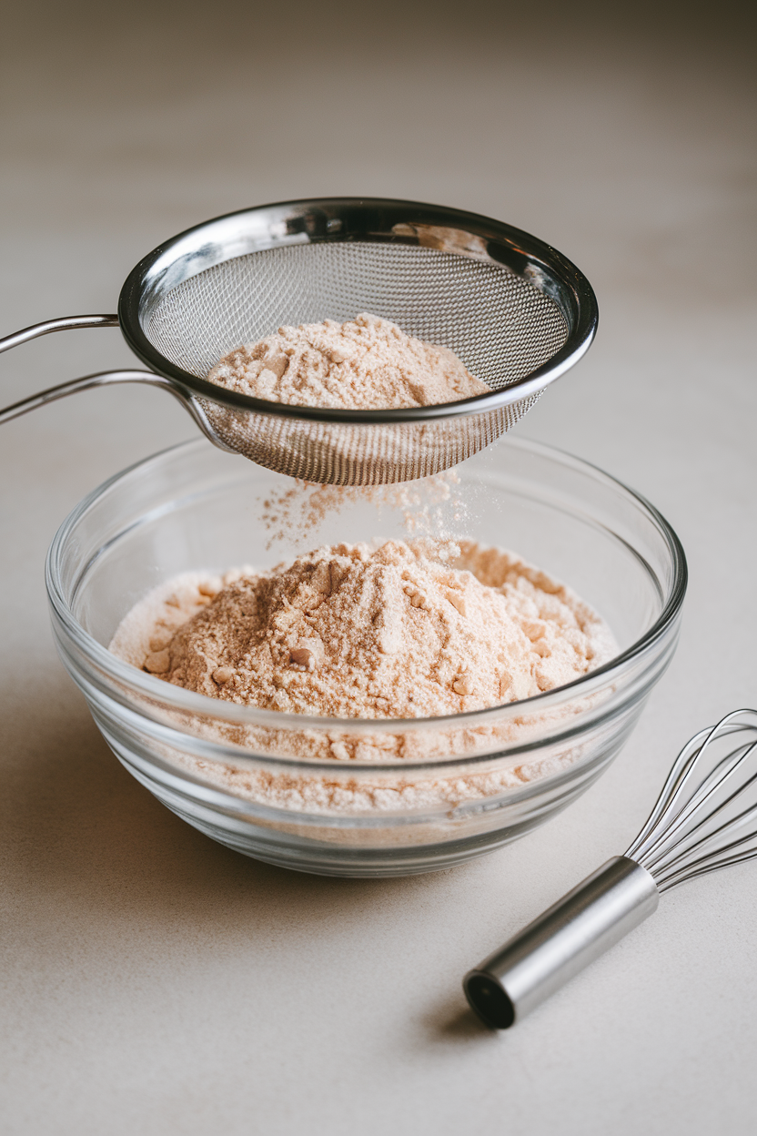 Indoor photo of fine almond flour sifted into a glass bowl with a tiny whisk beside it; neutral background, no text or logos