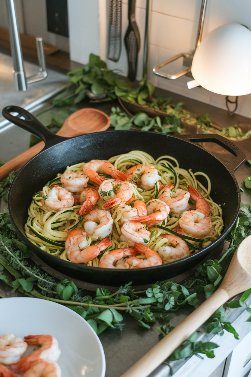 Cast-iron skillet on indoor counter showing cooked shrimp and zucchini noodles tossed in garlic herb sauce, no text or logos