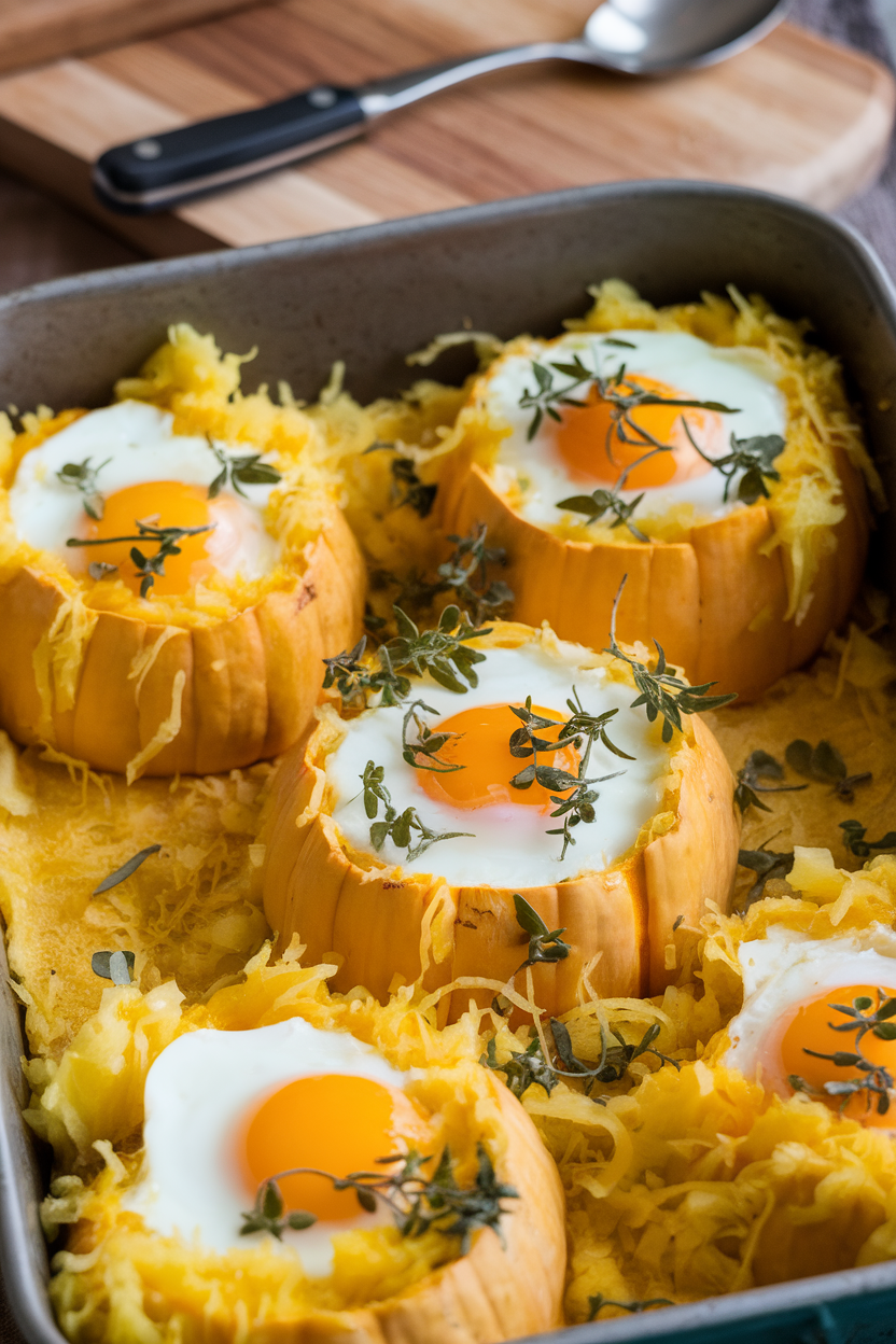 Indoor baking dish of mounds of spaghetti squash with baked eggs nested inside each, topped with herbs. No text or logos.
