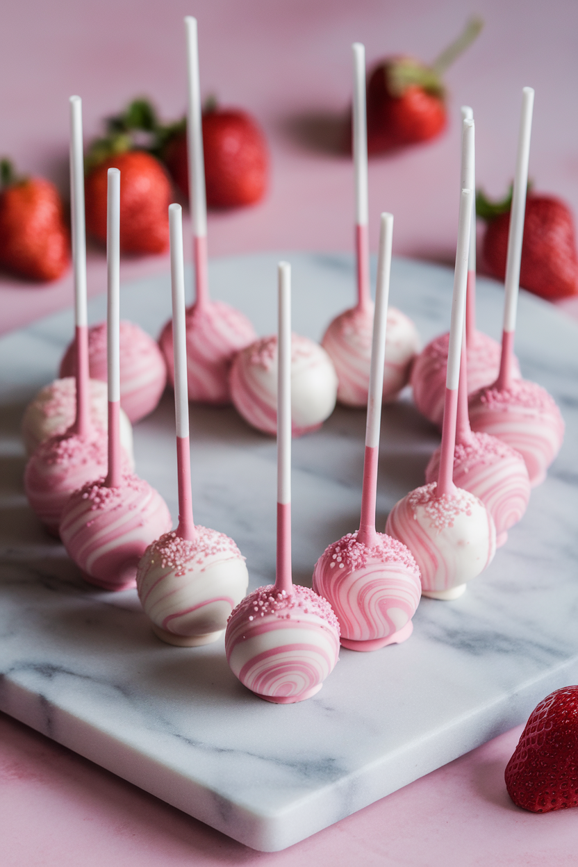 Photo, not illustration. Indoor countertop, gentle softbox lighting. Pink-and-white marbled cake pops arranged on a marble slab, fresh strawberries in background. No text or logos.