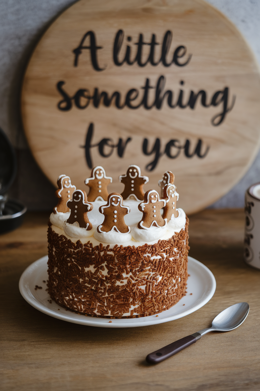 Coffee-house style indoor shot of a brown sugar cake coated in espresso buttercream, topped with mini gingerbread men. Soft café lighting, no logos.