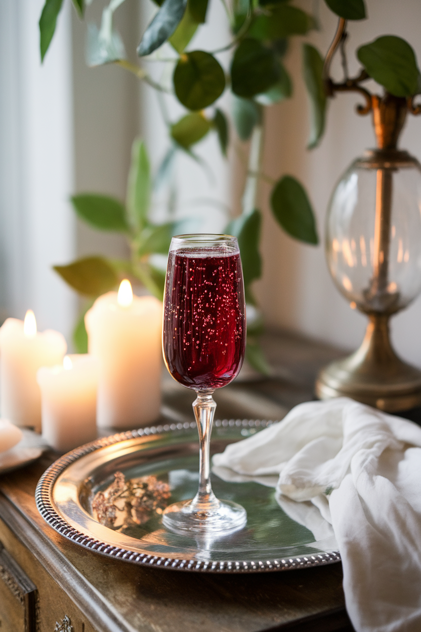 A softly lit indoor dinner party setting featuring a flute of deep ruby Kir Royale with tiny bubbles rising through crème de cassis. Photo, not illustration. No text or logos.