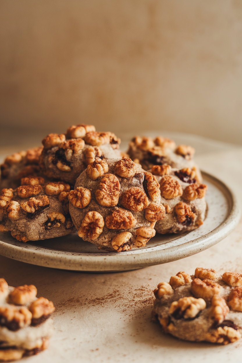 Photo prompt: Fig-walnut cookies sprinkled with cinnamon sugar on a ceramic plate indoors, no logos.
