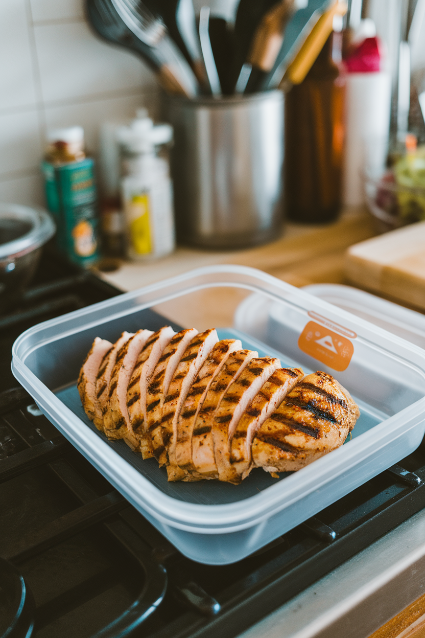 Photo, indoor kitchen counter featuring a meal-prep box with sliced grilled chicken breast, grill marks visible, no logos.
