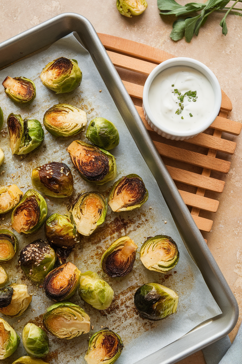 An indoor sheet-pan on a wooden trivet holding caramelized Brussels sprouts, a small ramekin of garlic yogurt sauce alongside. No text or logos.