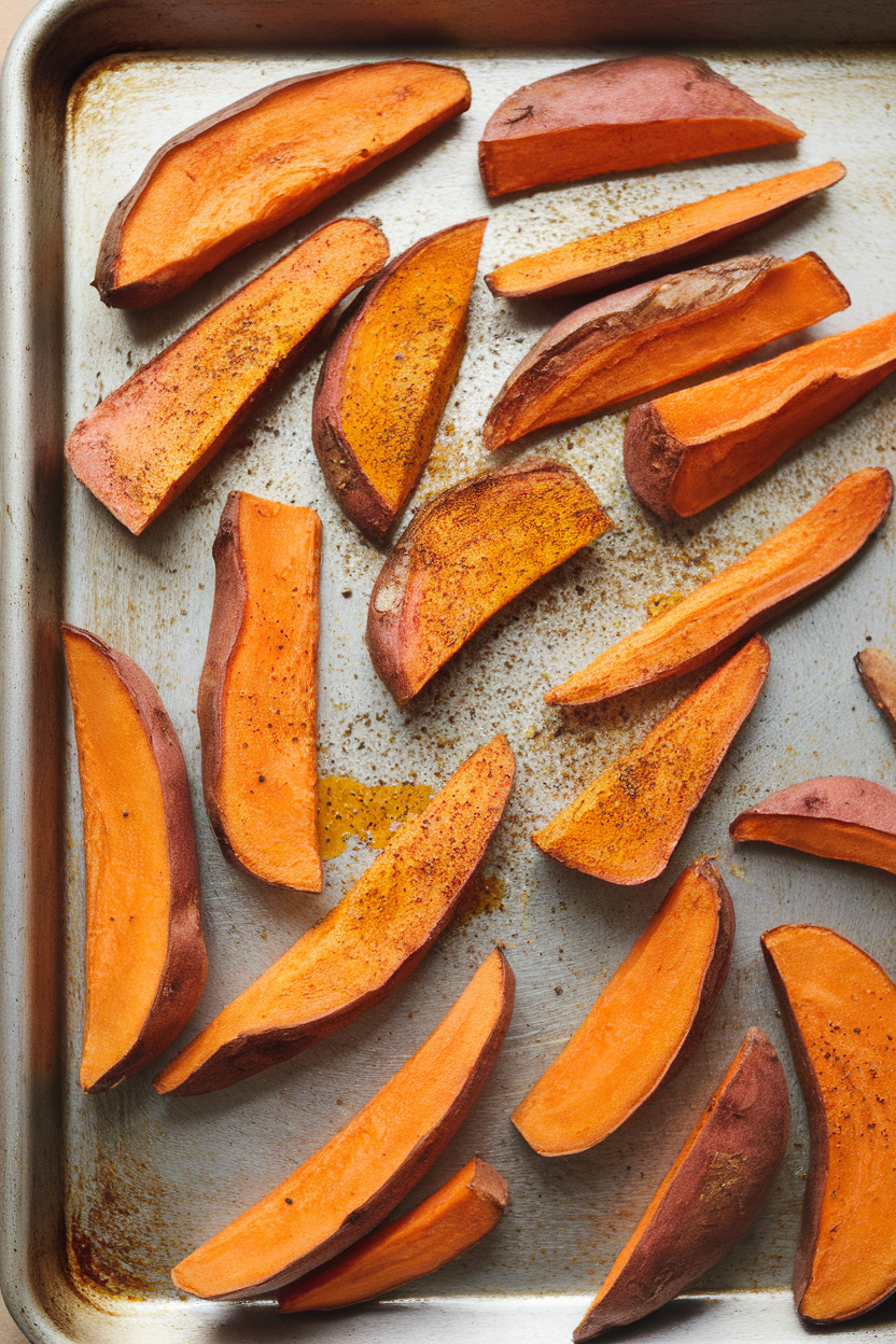 An indoor baking tray of roasted sweet potato wedges dusted with turmeric and black pepper. Photo, no text or logos.
