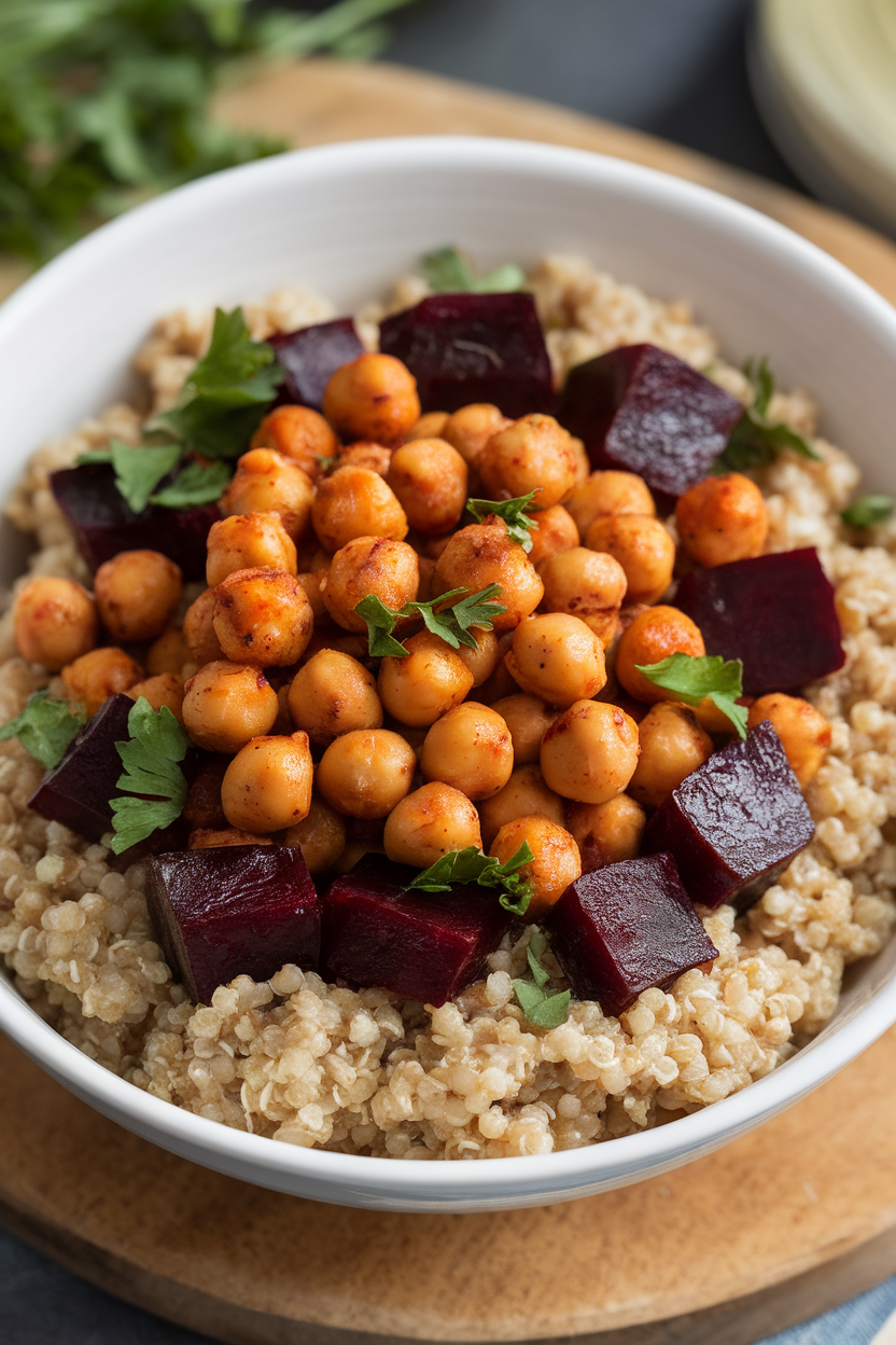 Indoor photo of quinoa base topped with spicy harissa chickpeas and diced roasted beets, garnished with parsley. No text or logos.