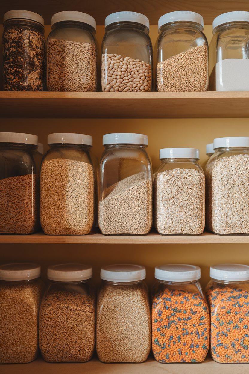 An indoor pantry shelf neatly lined with jars of dried beans, brown rice, rolled oats, and colorful lentils, shot straight-on under warm lighting. No text or logos. Photo, not illustration.
