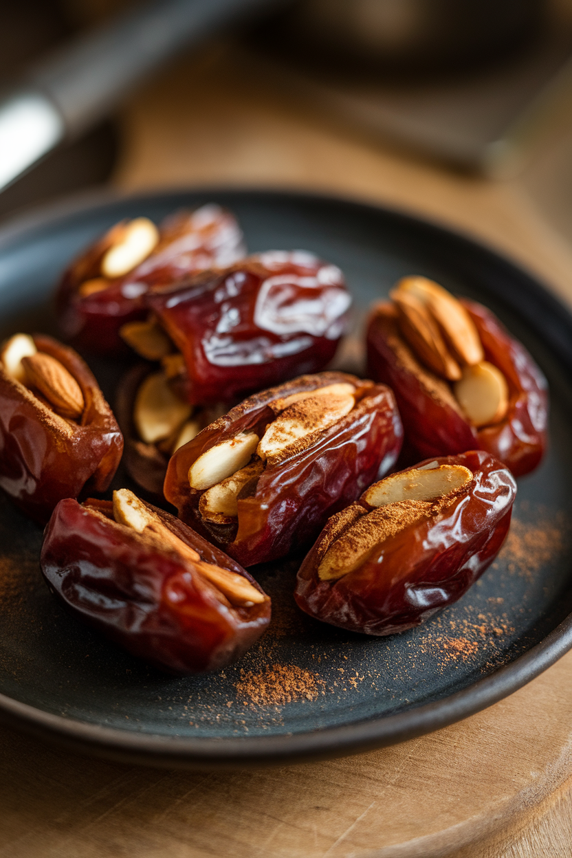 Indoor photo of glossy medjool dates split and filled with roasted almonds, lightly dusted with cinnamon, on a dark ceramic plate. No text or logos.