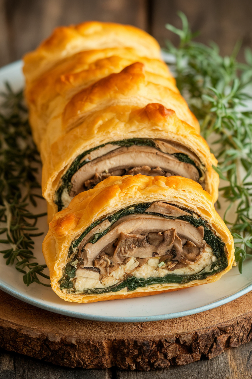 Indoor photo of a golden puff-pastry log sliced to reveal mushroom duxelles and spinach layers inside, no text or logos