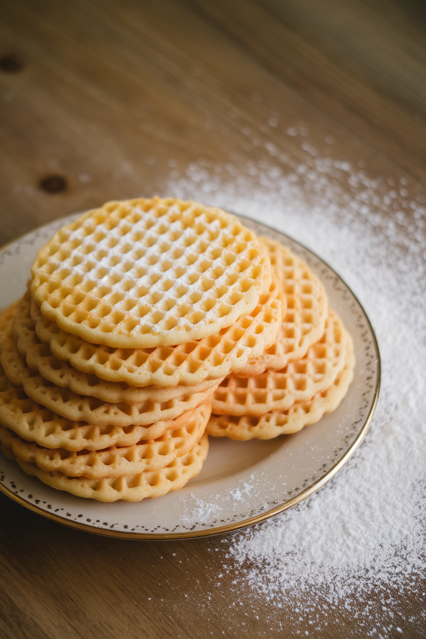 Indoor photo of patterned pizzelle cookies stacked neatly on a plate beside a dusting of powdered sugar; no text or logos.