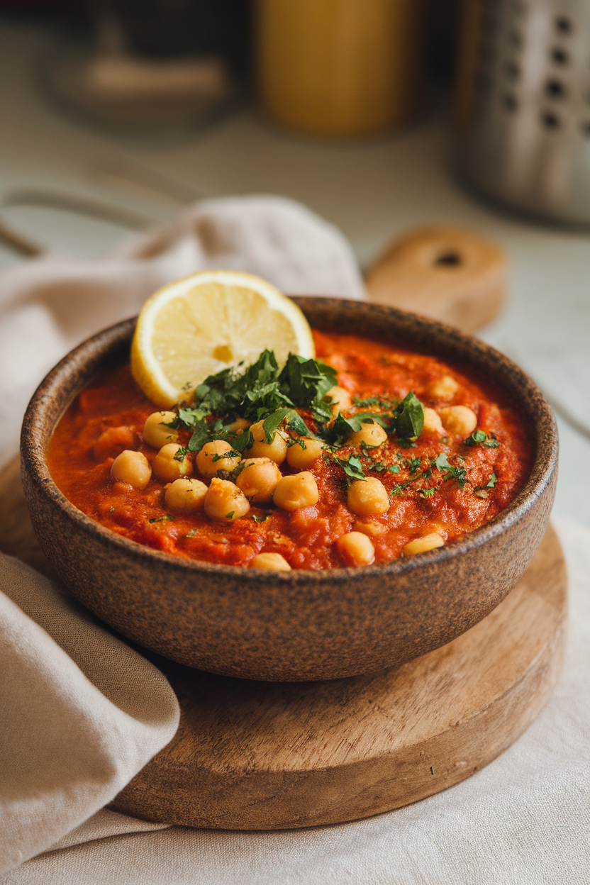 A rustic indoor bowl filled with tomato-based chickpea stew, topped with chopped parsley and a lemon wedge alongside. No text or logos.
