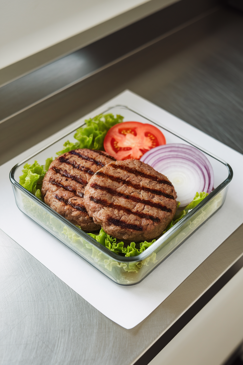 Photo, indoor counter with a glass meal-prep box containing two cooked beef patties, grill marks crisp, no logos.