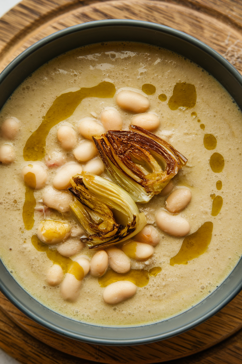 Indoor soup bowl containing creamy white bean soup dotted with caramelized fennel pieces, drizzle of olive oil on top. No text or logos present.