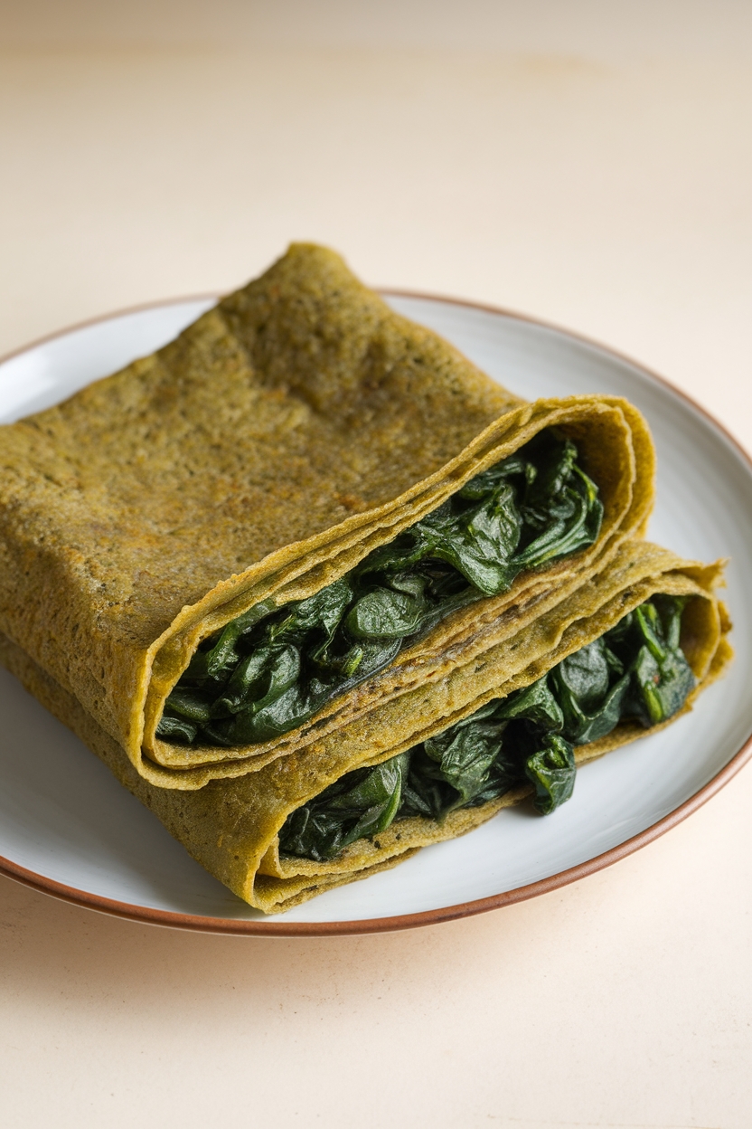 Photo prompt: An indoor plate showing folded green lentil crêpes filled with sautéed spinach, edges crisp. No text or logos visible.