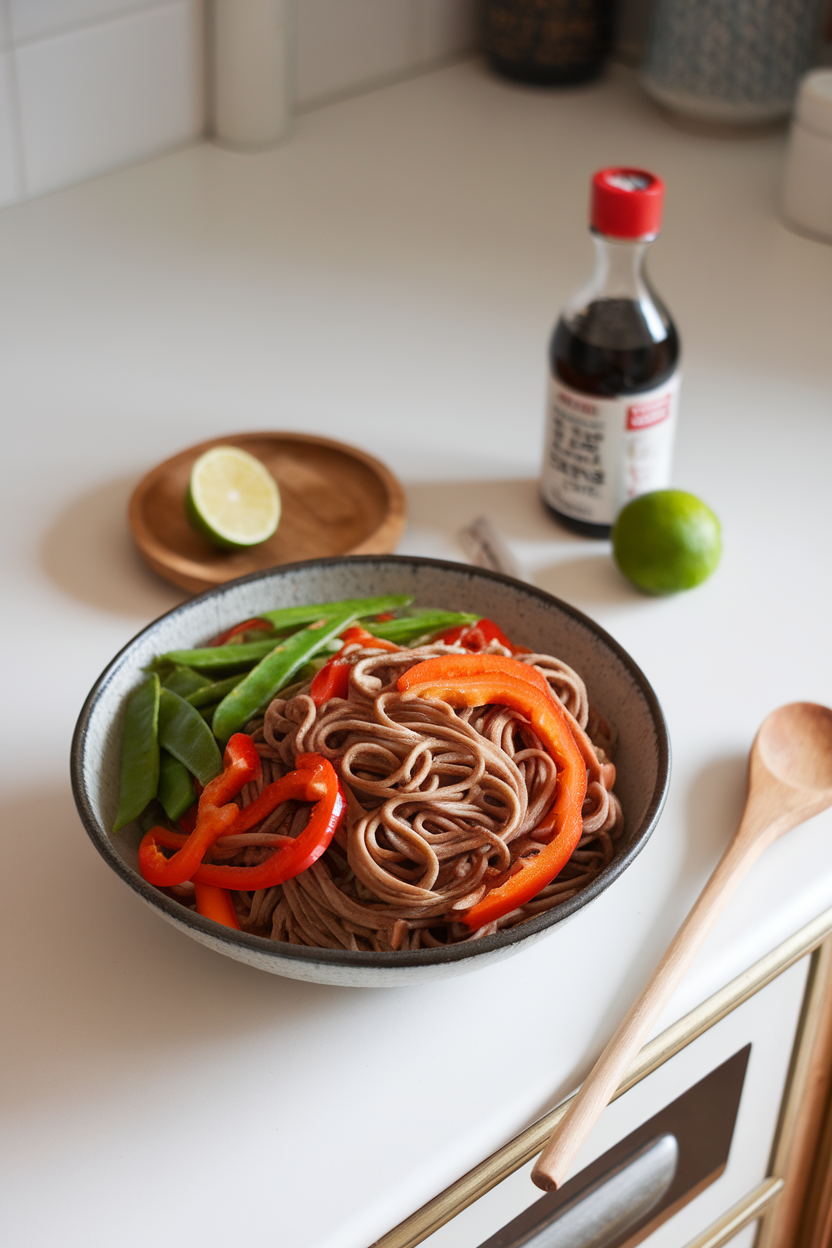 An indoor kitchen counter with a wide bowl of buckwheat soba noodles, julienned bell peppers, and snow peas tossed in a light soy-lime dressing. No logos or text.
