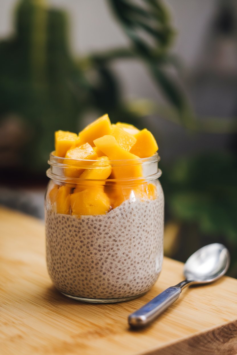 A glass jar indoors layered with creamy coconut chia pudding and fresh mango cubes on top. No text or logos. Photo.