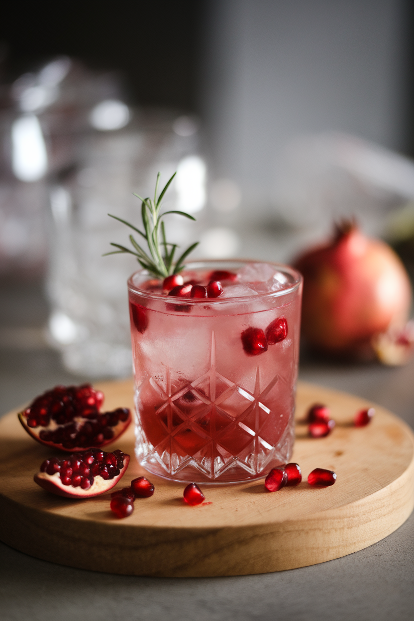 Indoor photo of a short glass with pomegranate gin fizz, scattered arils and rosemary garnish; no text or logos