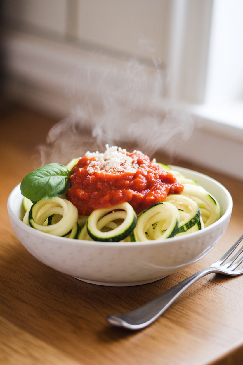 A bowl of steaming zucchini spirals topped with marinara, photographed on an indoor countertop under warm light. No logos.