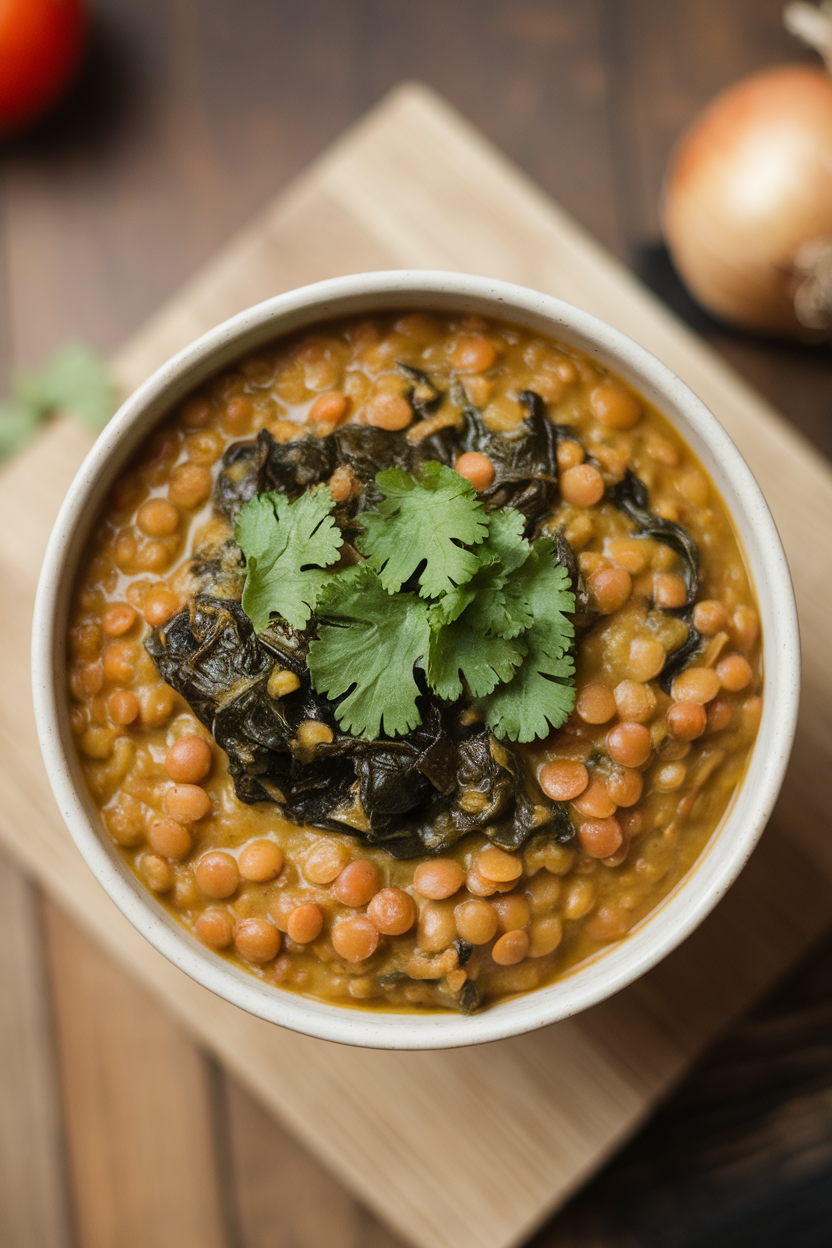 Indoor bowl of thick red lentil dal with wilted spinach, topped with cilantro, overhead shot. No text or logos.