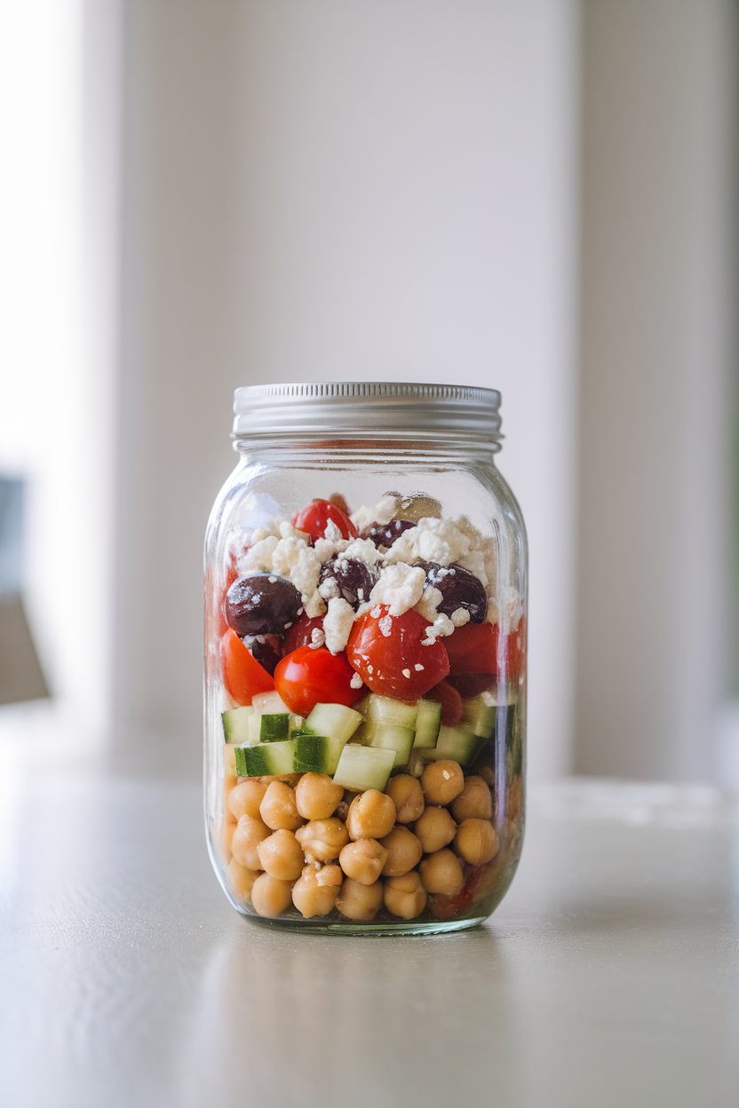 Glass mason jar layered with chickpeas, diced cucumber, cherry tomatoes, olives, and crumbled feta on a bright indoor table, no text or logos.