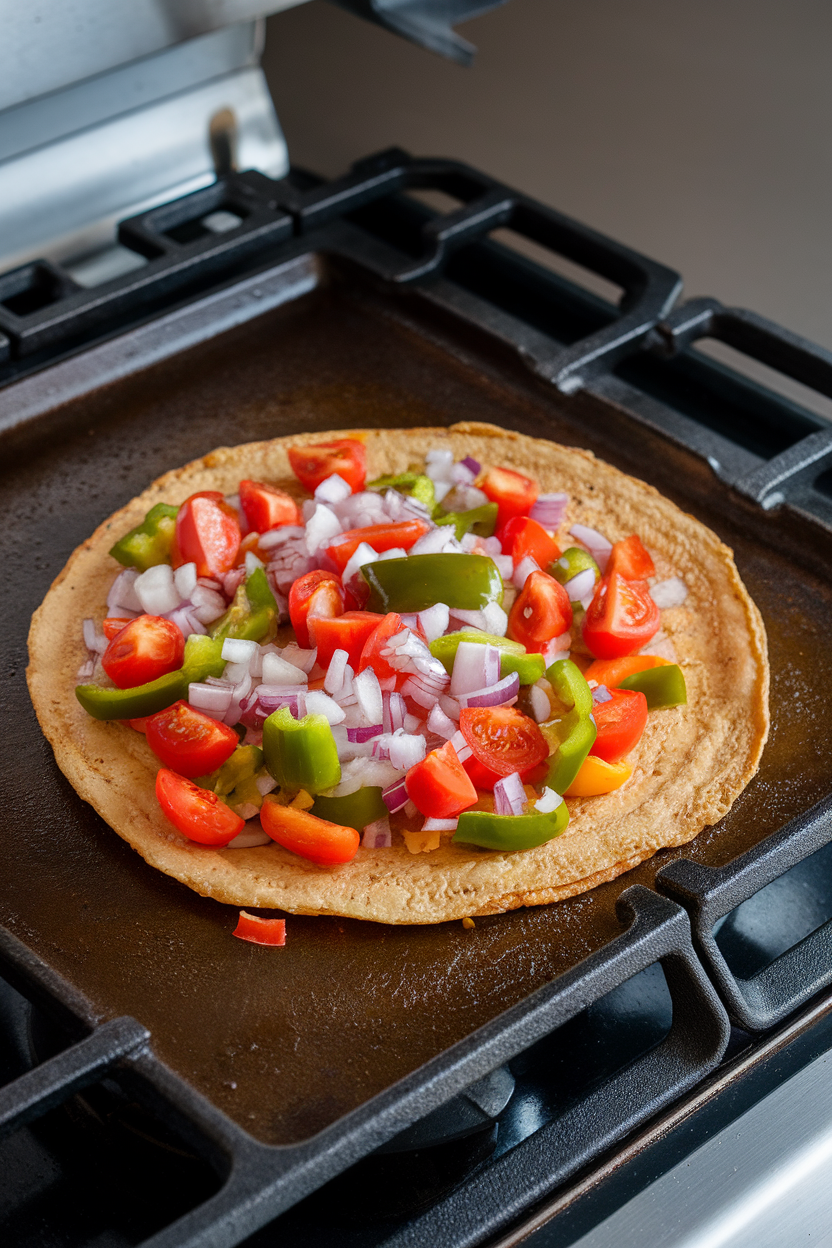 An indoor stovetop griddle cooking a thin chickpea omelet, veggies on top, ready to fold; no text or logos visible.