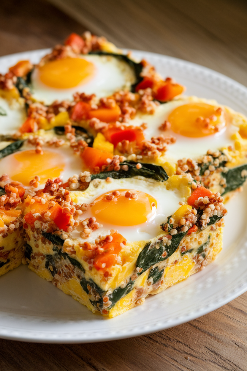 Photo of a breakfast casserole made with egg whites, cooked quinoa, spinach, and diced bell peppers, cut into tidy squares, indoor lighting. No text or logos.