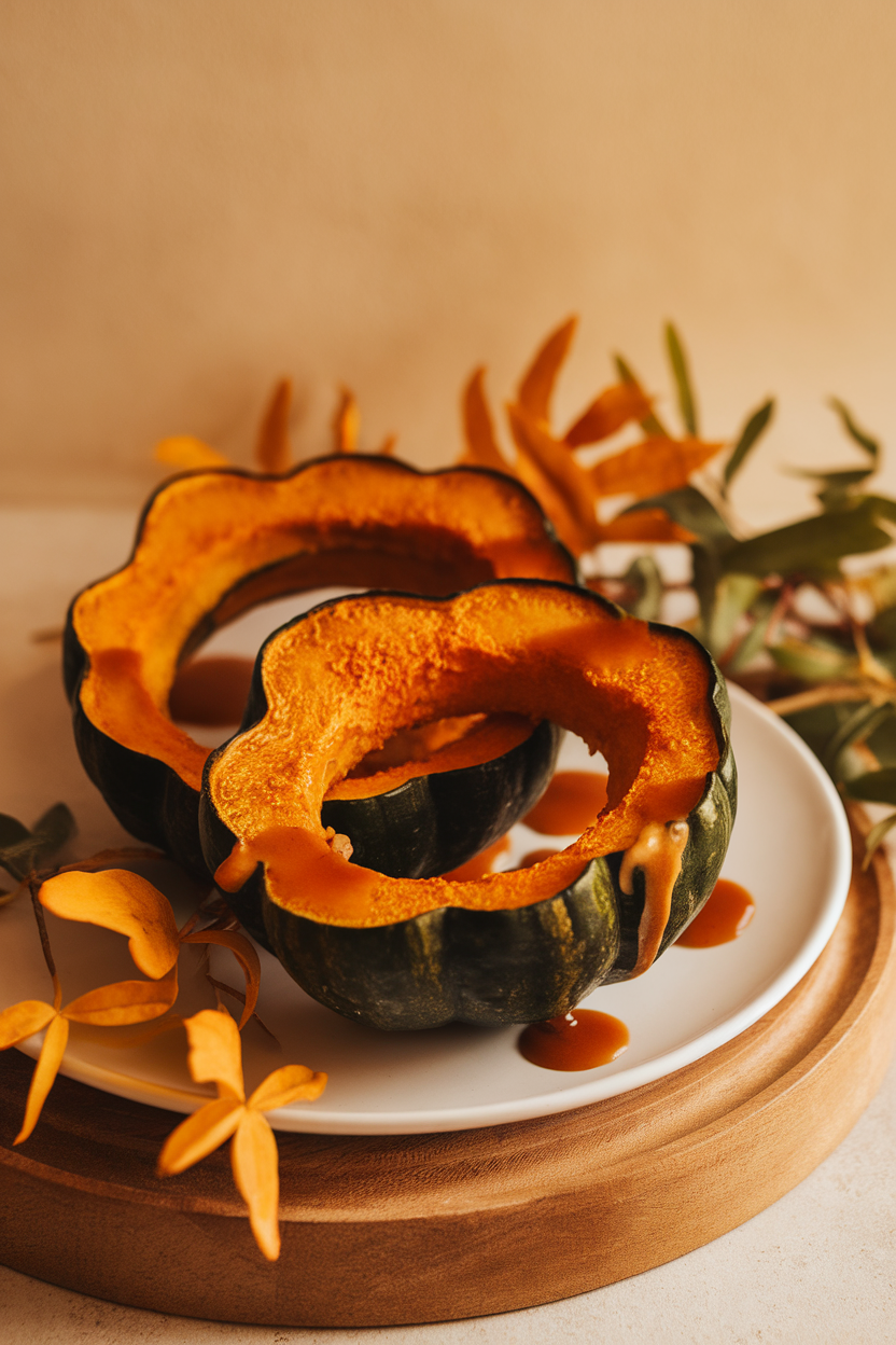Slices of roasted acorn squash arranged in rings, drizzled with a maple-chile sauce, indoors. No text or logos.