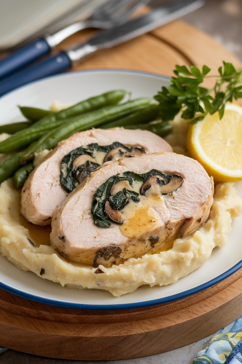 An indoor dinner plate showcasing a sliced chicken breast revealing spinach-mushroom filling, light pan sauce drizzle. No text or logos.