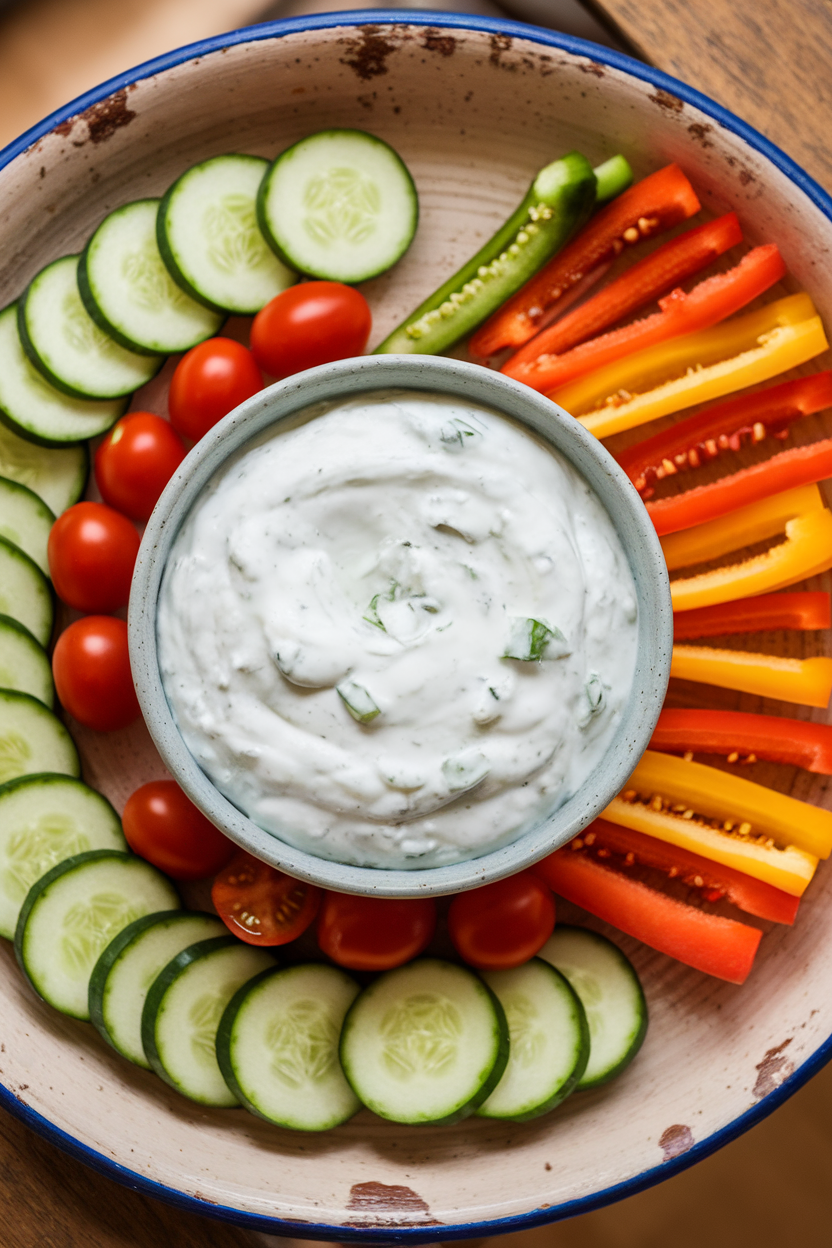Indoor photo of a bowl of creamy tzatziki surrounded by cucumber rounds, cherry tomatoes, and bell pepper strips on a ceramic tray; overhead, no text or logos