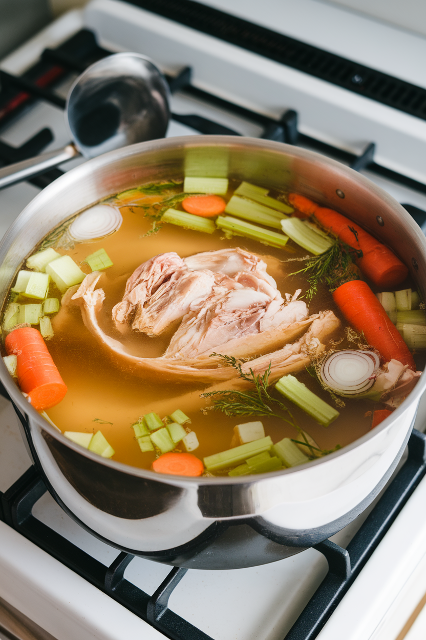 Indoor stovetop with a simmering pot of golden chicken bone broth, aromatics floating on top, ladle resting at the side. No text or logos present.