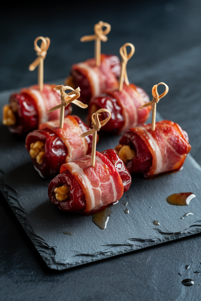Indoor photo of bacon-wrapped dates on a small slate board, toothpicks inserted, glaze sheen, no text or logos.