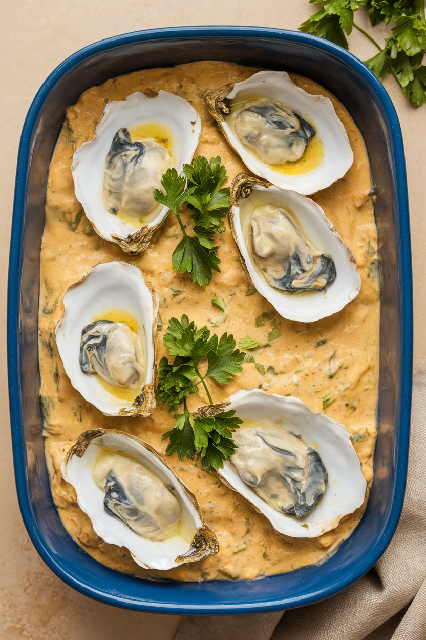 Indoor shot of a baking dish packed with golden oyster dressing, parsley sprinkled, no text or logos.