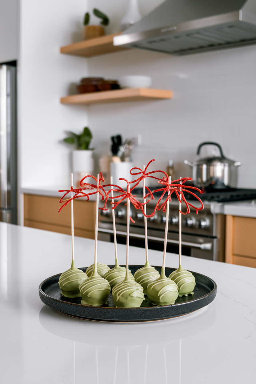 Photo, not illustration. Indoor modern kitchen. Pale green matcha cake pops drizzled with red candy melt lines resembling firecracker fuses, set on a black ceramic plate. No text or logos.