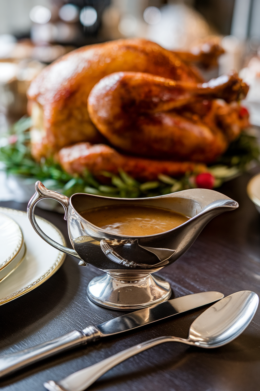 Photo of a small gravy boat filled with rich brown gravy on a table indoors, roasted turkey visible slightly out of focus. No text or logos.