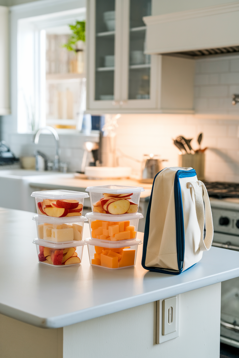 A kitchen island with several small transparent containers, each holding measured apple slices or cheese cubes, neatly stacked next to a lunch bag. Indoor lighting, no logos.