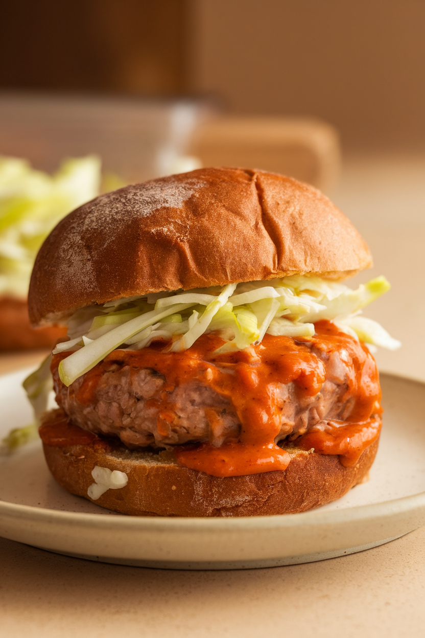 Photo of a cooked turkey burger glazed with tangy buffalo sauce, topped with celery slaw on a whole-grain bun; indoor lighting; no text or logos; photo, not illustration