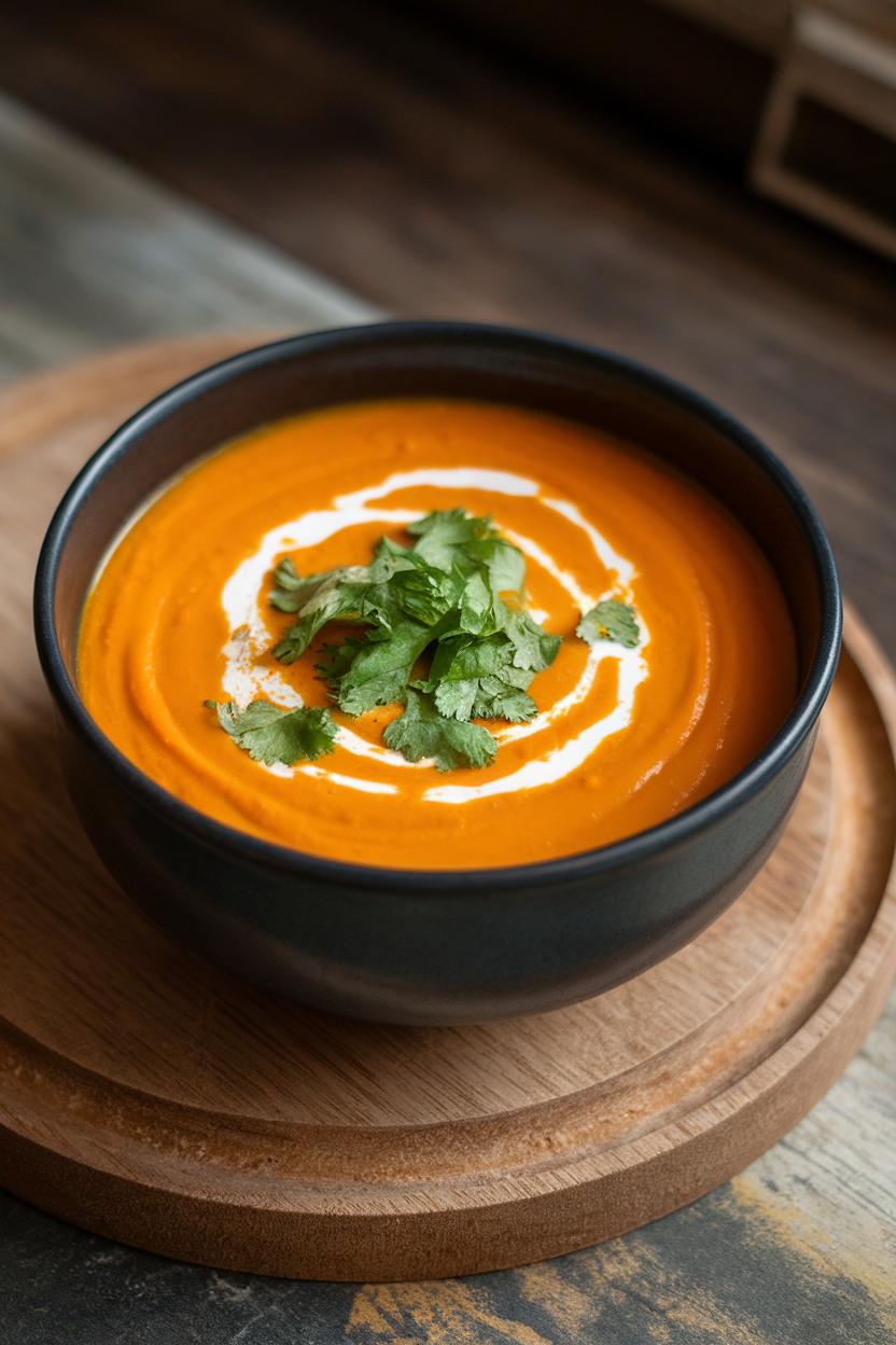 A soup bowl indoors containing smooth orange carrot soup, garnished with a swirl of coconut milk and chopped cilantro. No text or logos. Photo only.