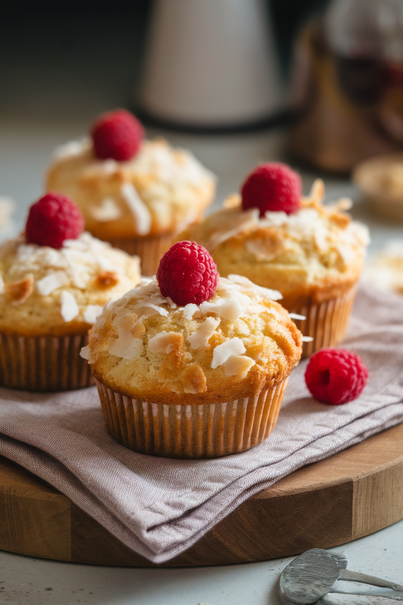 Indoor photo of raspberry coconut muffins topped with toasted coconut flakes on a linen napkin, no text or logos