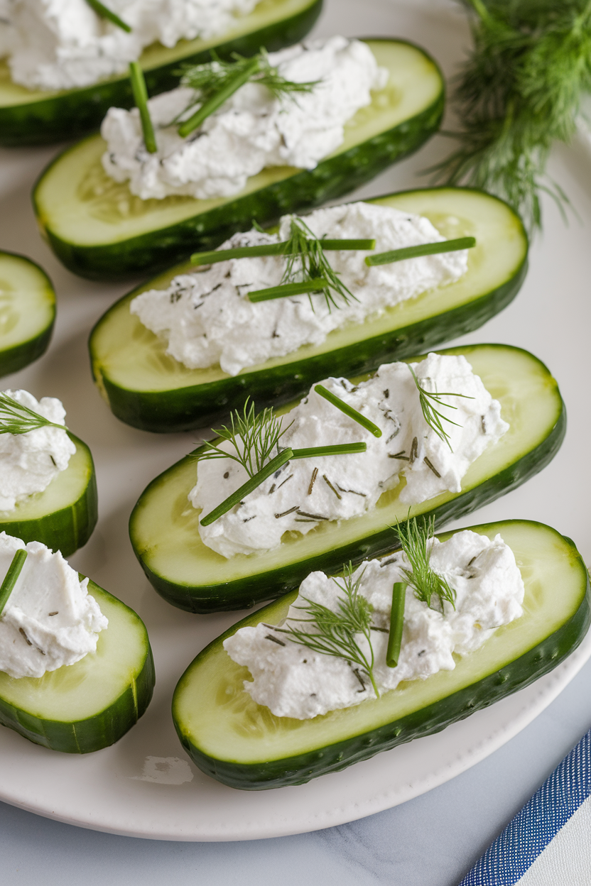 Indoor photo of cucumber halves hollowed out and filled with whipped goat cheese mixed with fresh dill and chives, sliced into bite-sized pieces on a white platter. No visible text or logos.