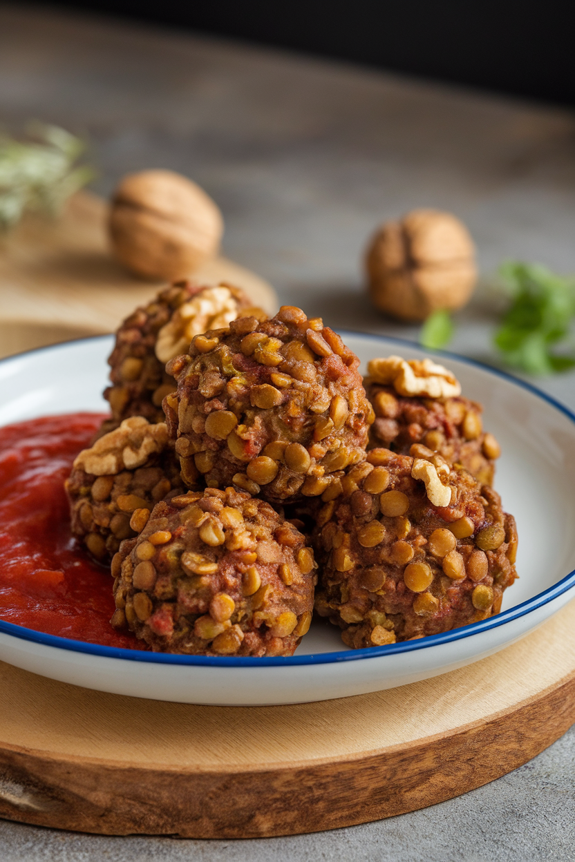 Indoor plate of baked vegetarian meatballs made from lentils and walnuts, marinara sauce spooned over. No logos or text. Photo only.