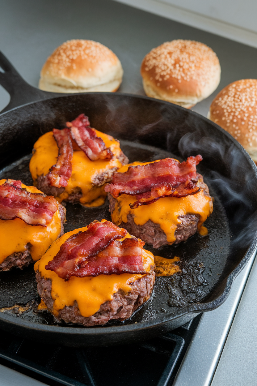 Indoor countertop shot of a sizzling cast-iron skillet holding cooked beef patties topped with melted cheddar and crispy bacon strips, sesame buns nearby. No text or logos.