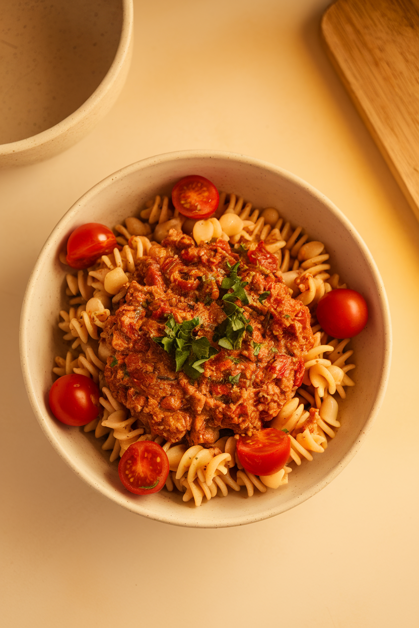Indoor overhead shot of whole-grain pasta topped with lean turkey Bolognese sauce, parsley sprinkled on top. No logos or text present.